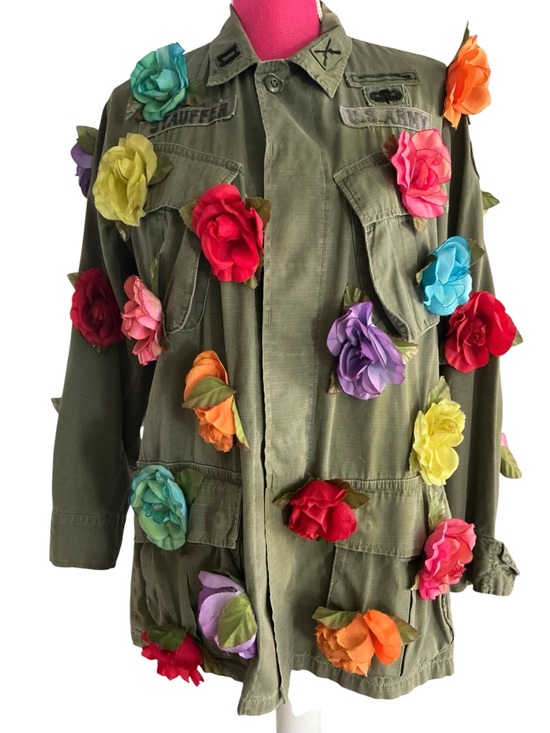 Rachel London Flowergirlcity Tops - Olive Military Jacket with Multicolor Fabric Flowers. M